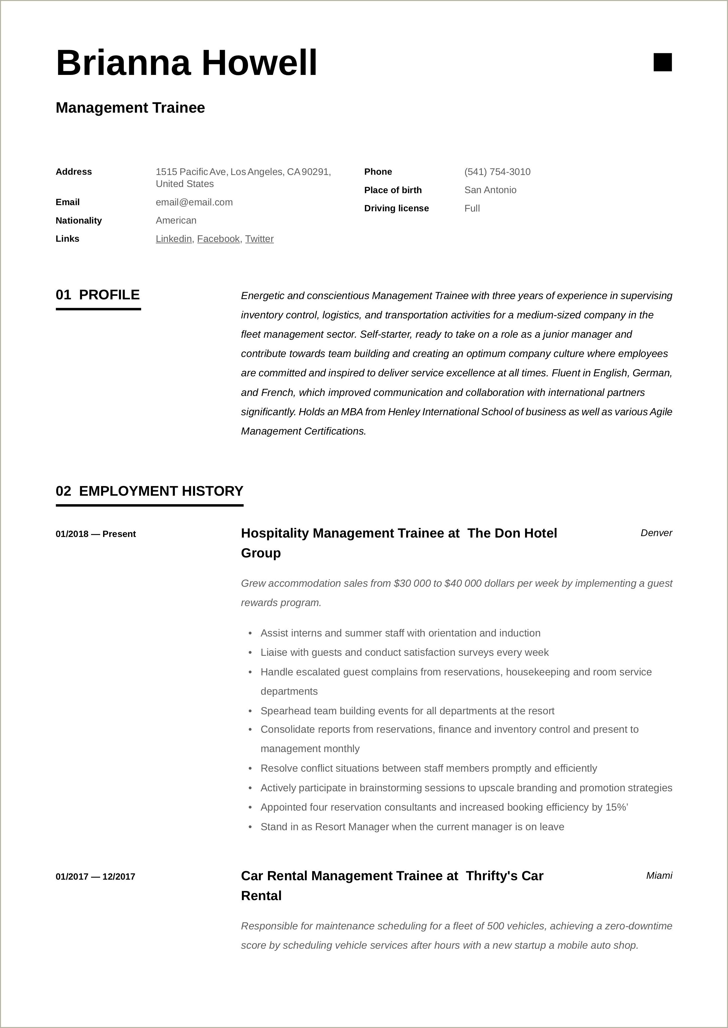 Resume For The Post Of Management Trainee