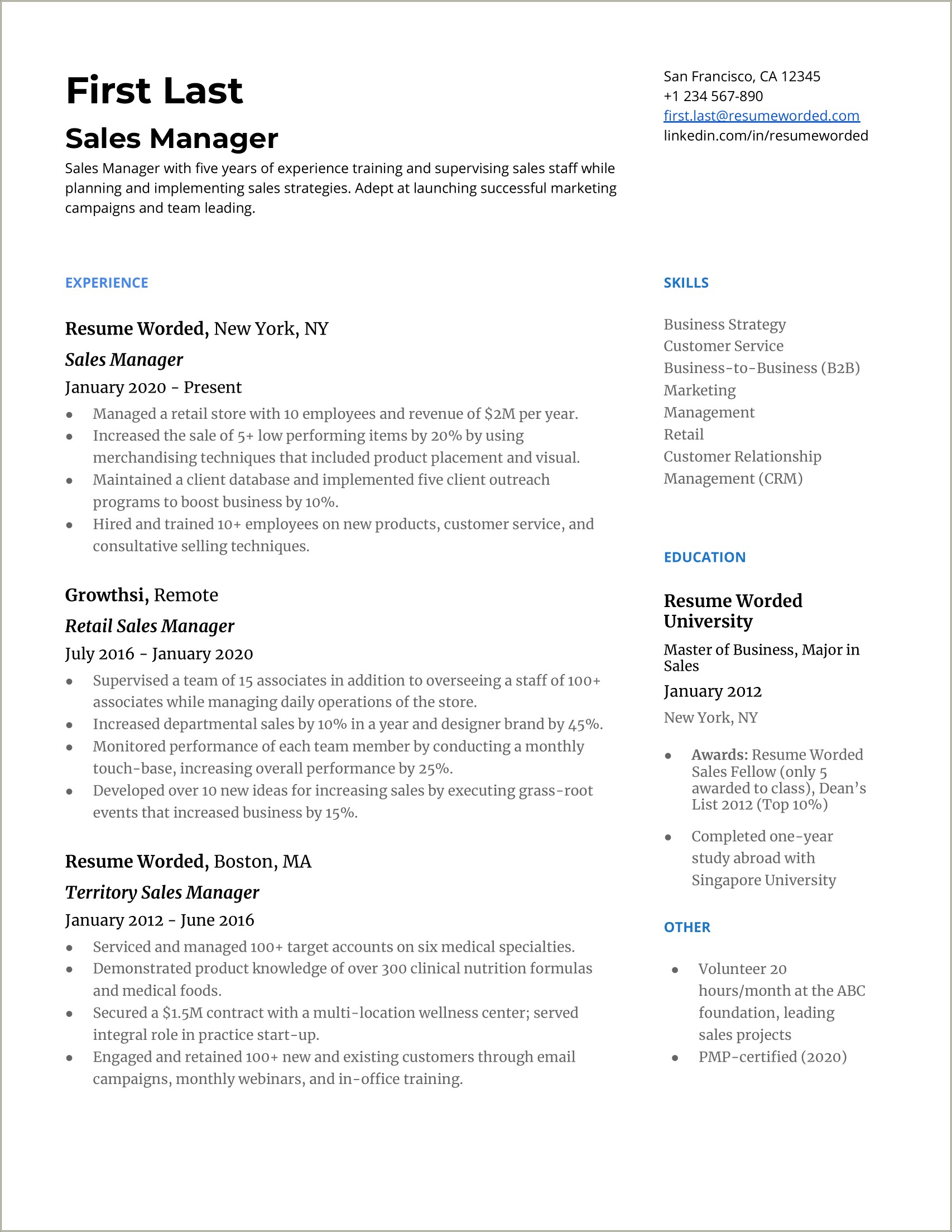 Resume For The Post Of Sales Manager