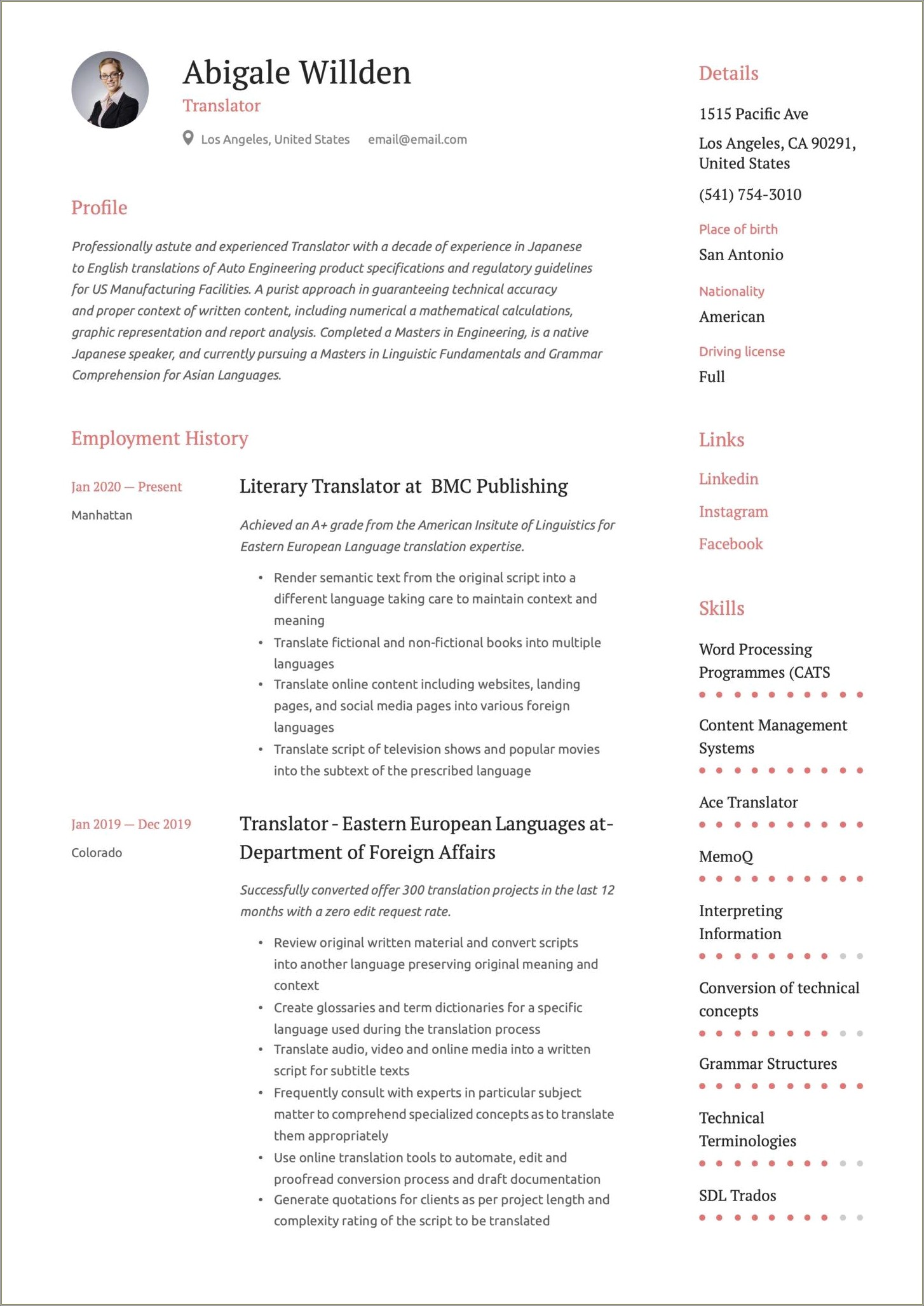 Resume For Translating And Interpreting Jobs
