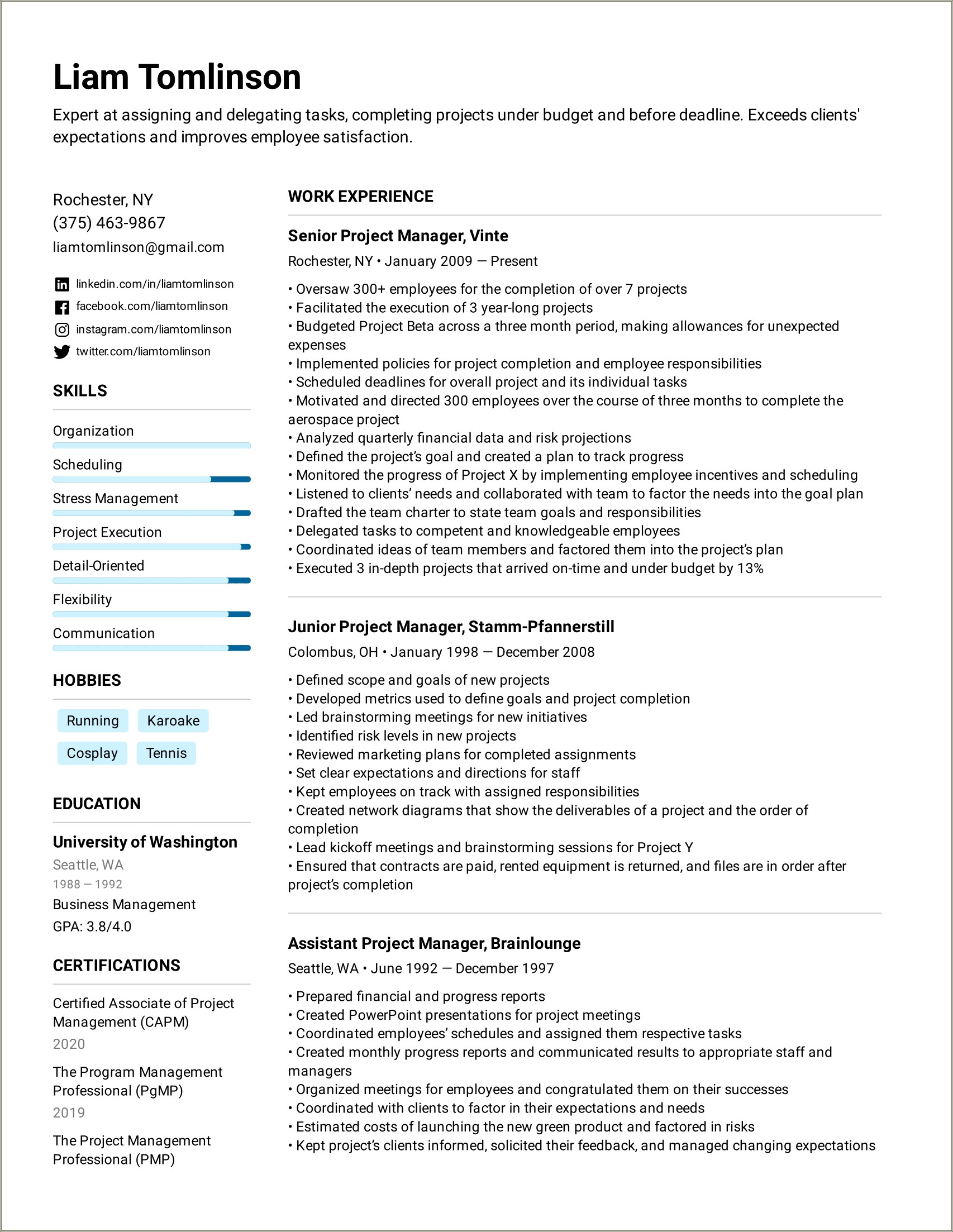 Resume For Upper Level Management Skills