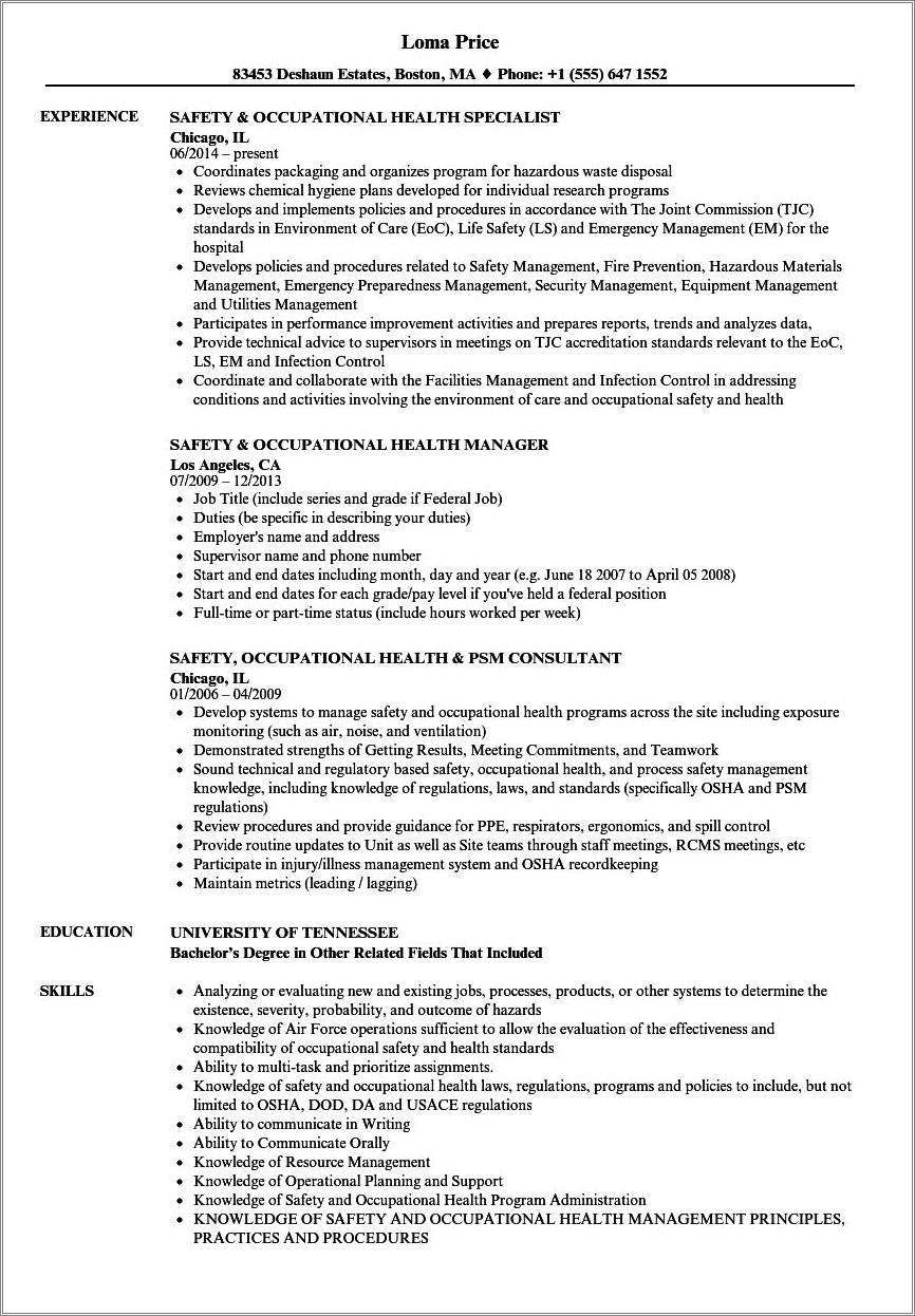 Resume For Usa Jobs Occupational Health Technician