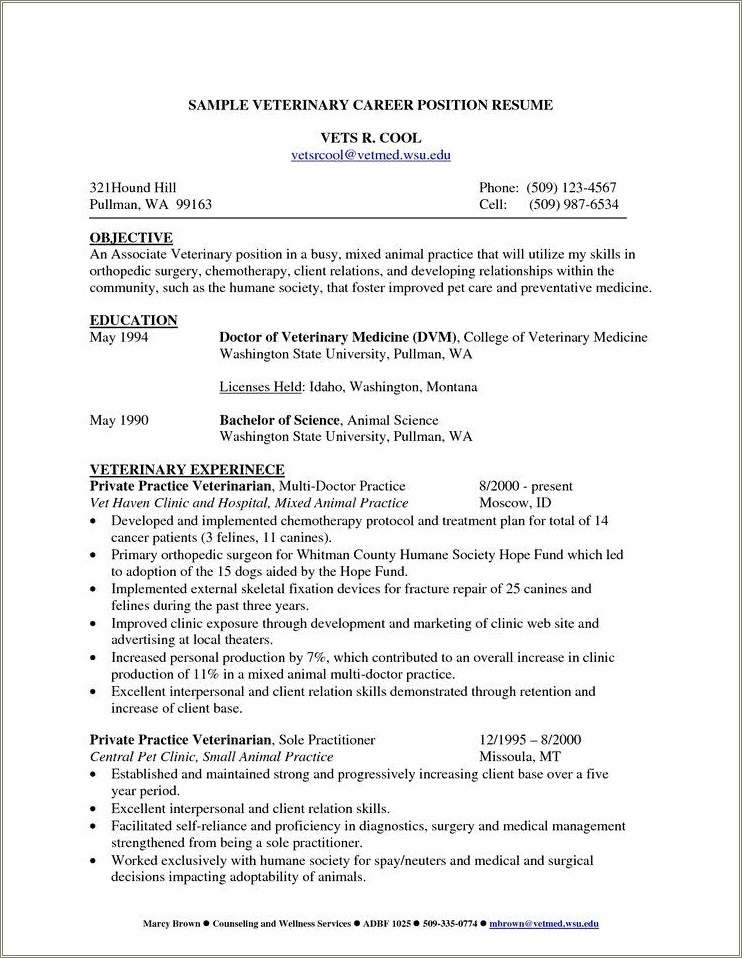 Resume For Veterinarians Right Our Of School