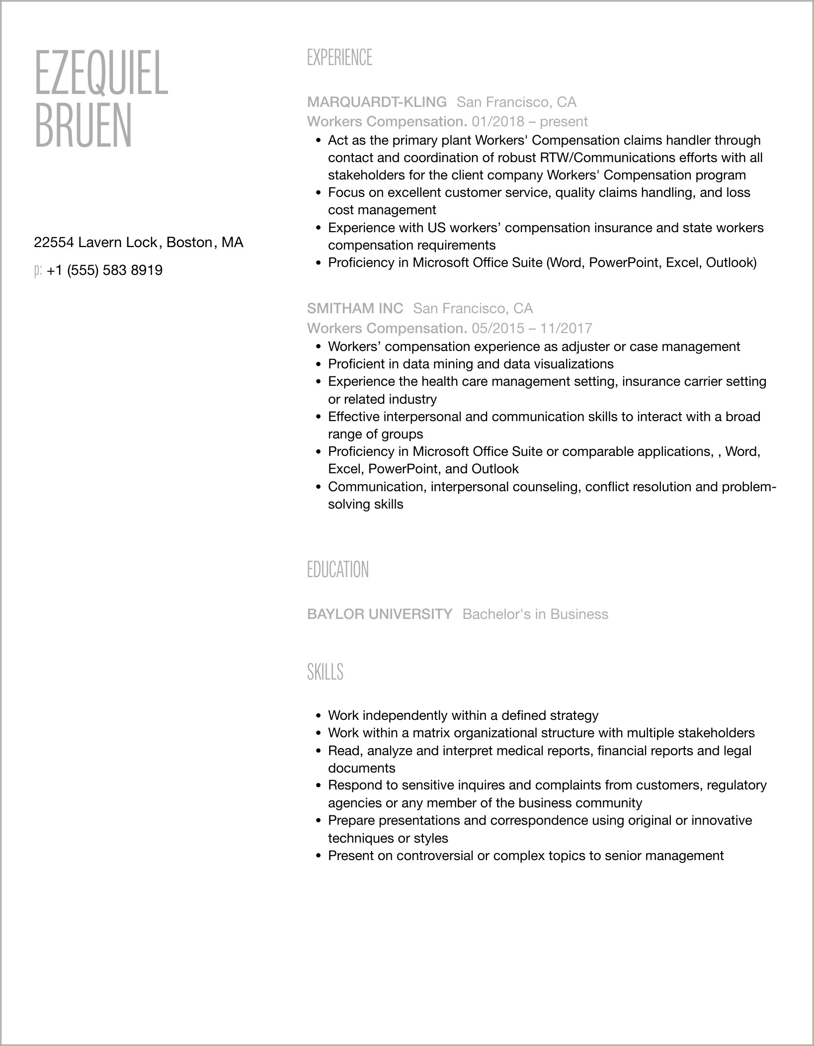 Resume For Virtual Workers Comp Manager