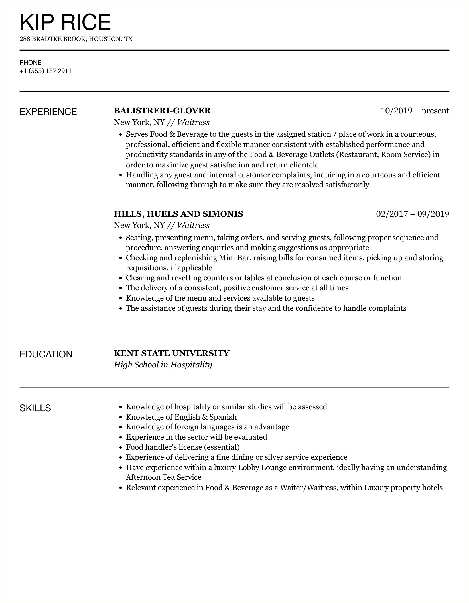 Resume For Waitress With No Experience