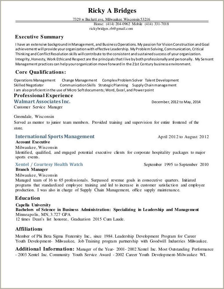 Resume For Walmart Customer Service Manager