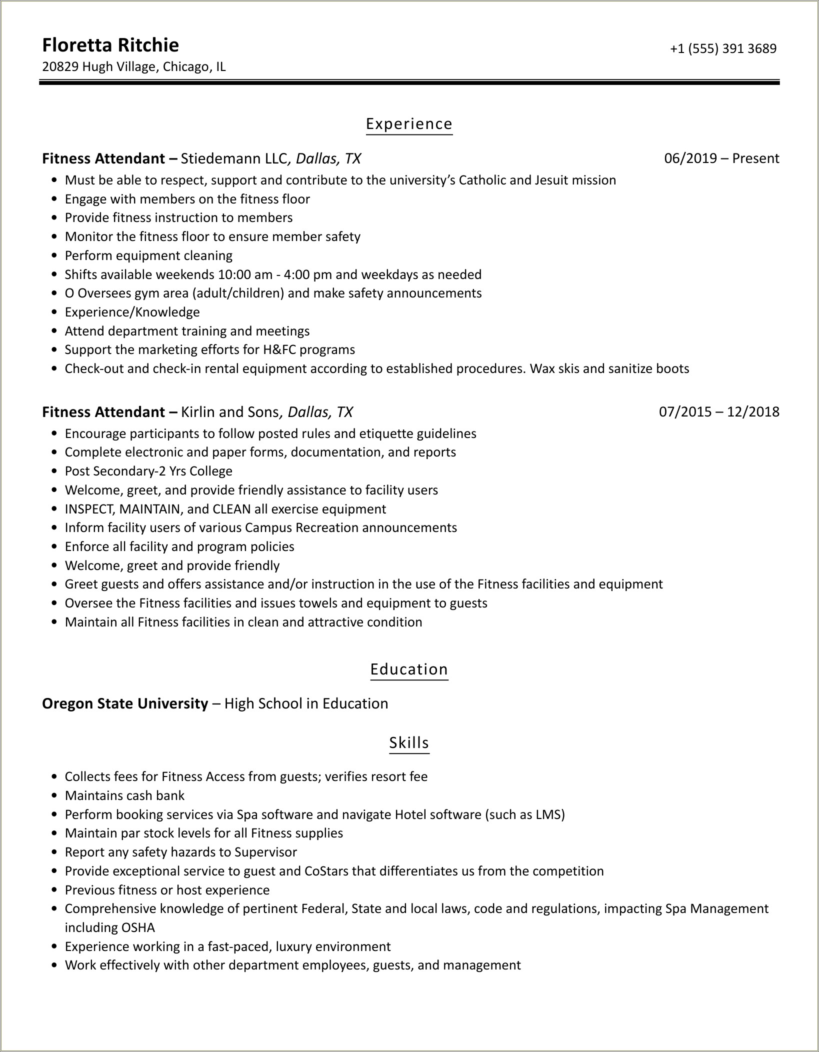Resume For Working In A Gym