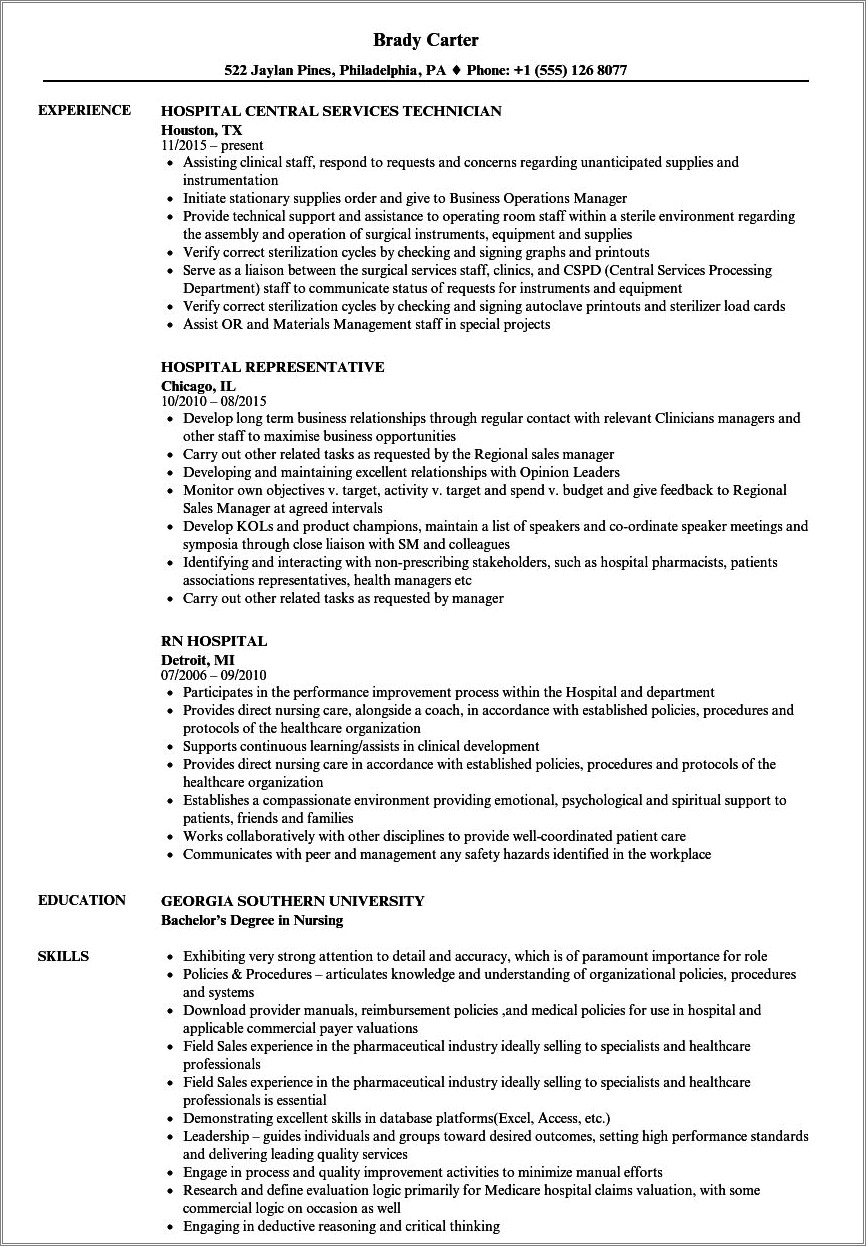 Resume For Working In A Hospital