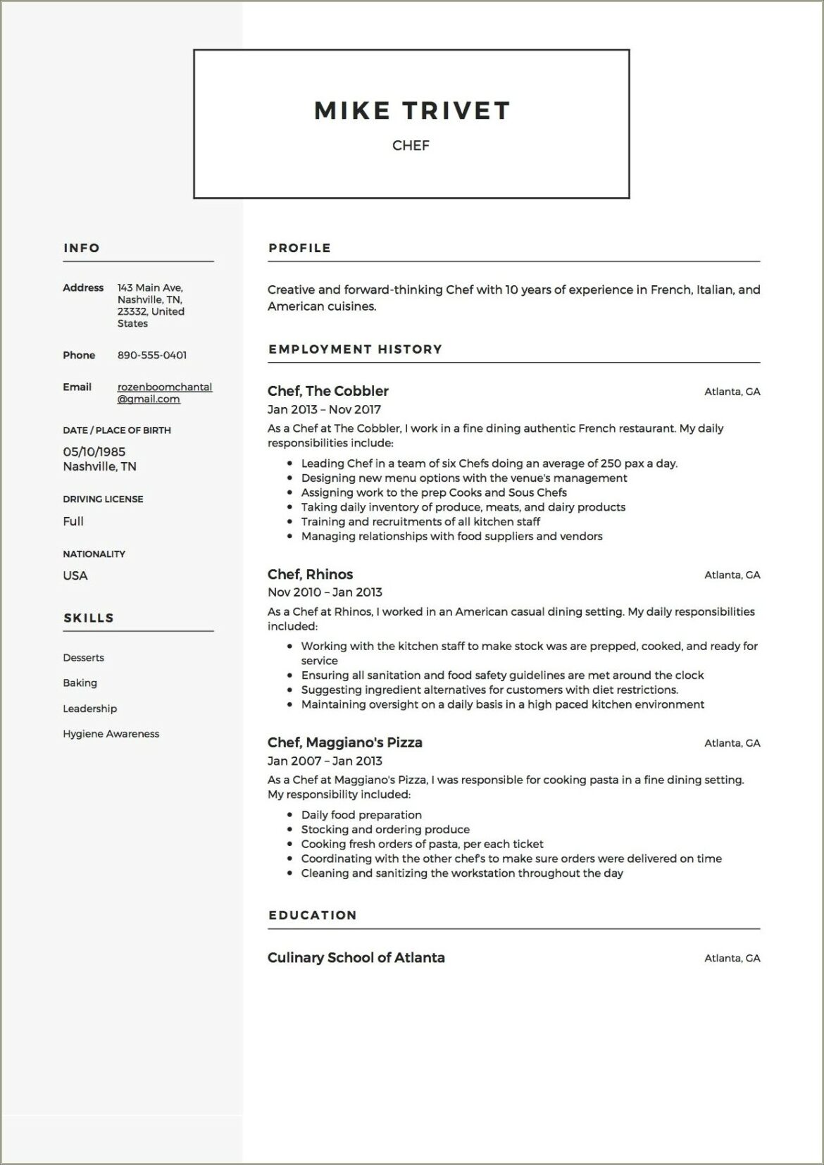 Resume For Working In Pizza Shop