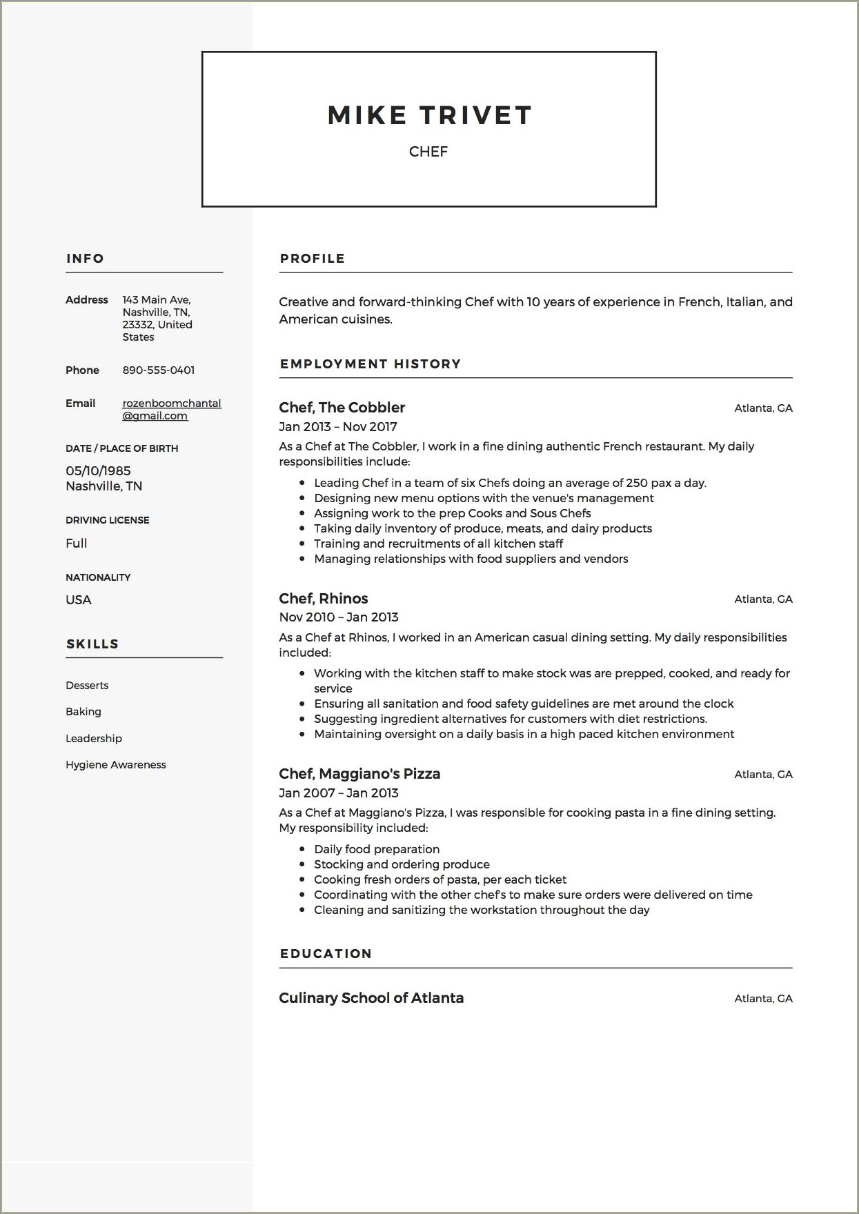 Resume For Working In Pizza Shop