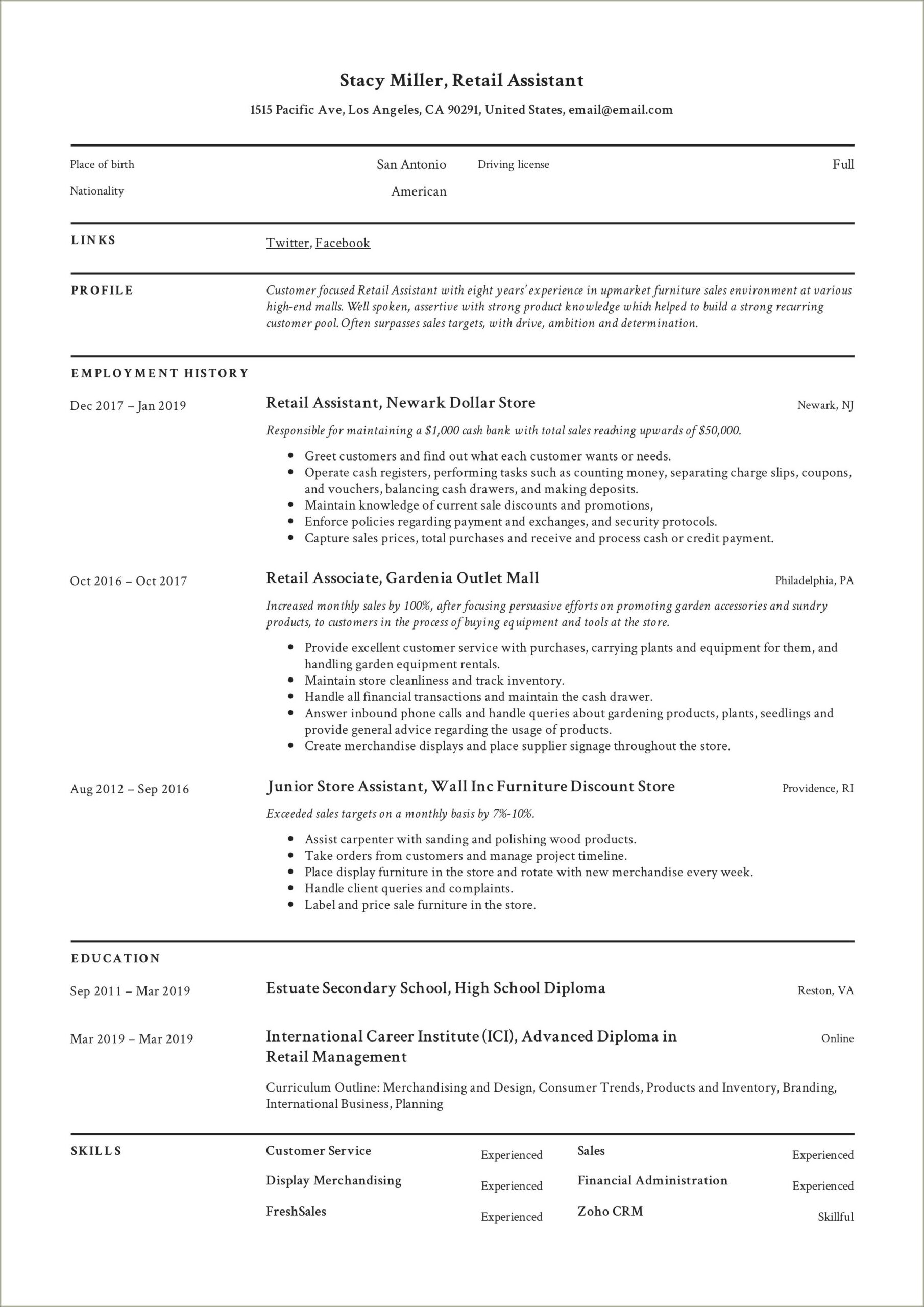 Resume For Working In Retail Store