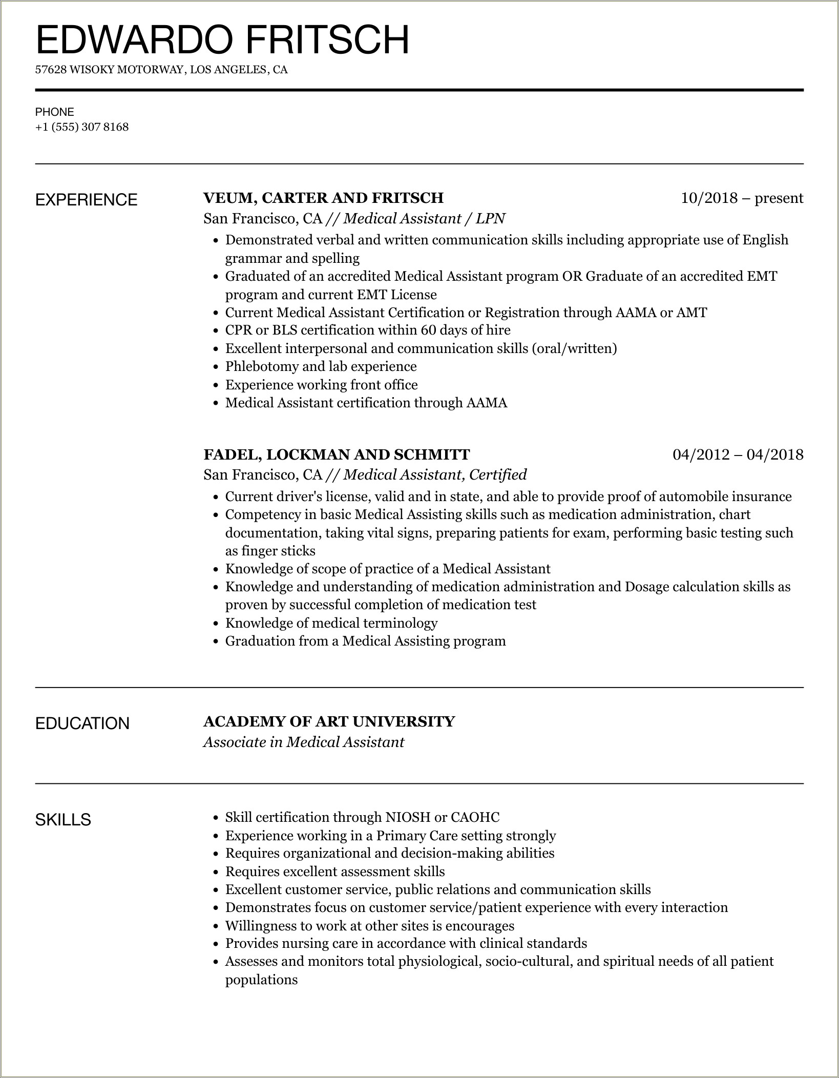 Resume For Working Medical Assistant Dermatolofy Office