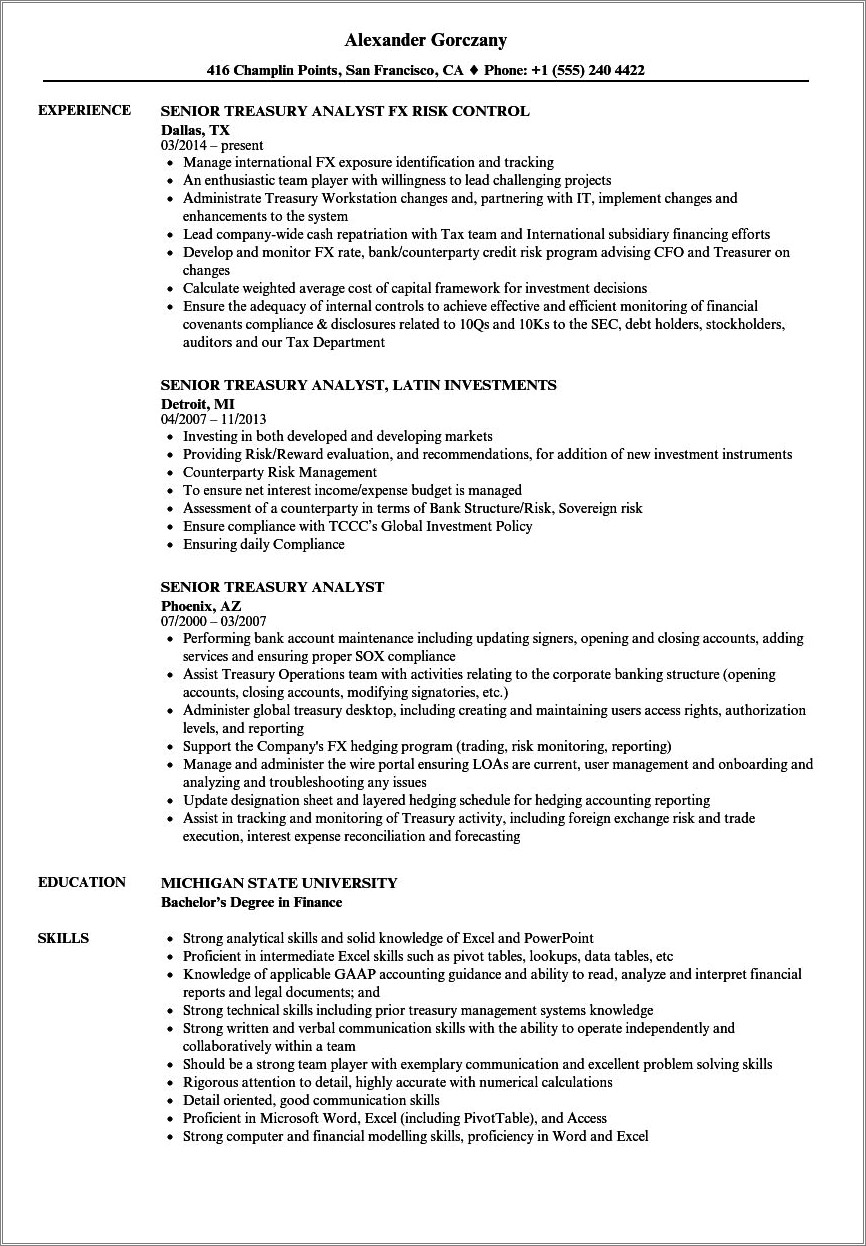 Resume Format Examples For Treasury Analyst