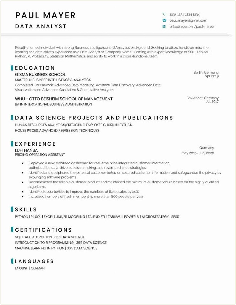 Resume Format For 1 Year Experience In Sql