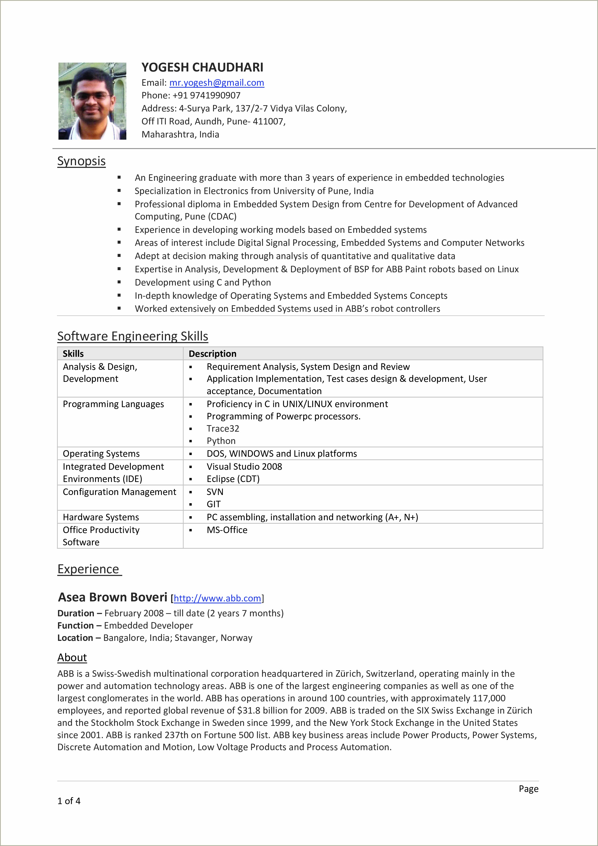 Resume Format For 2 Years Experience In Networking