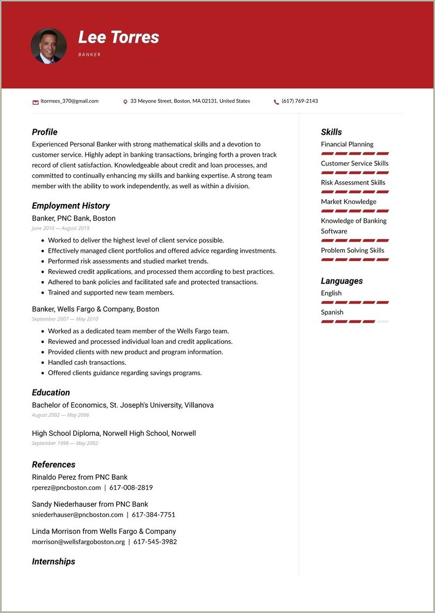Resume Format For A Bank Job