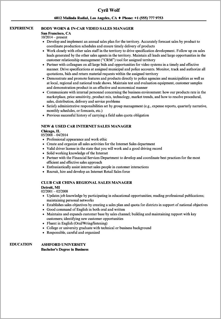 Resume Format For A Dealership General Manager