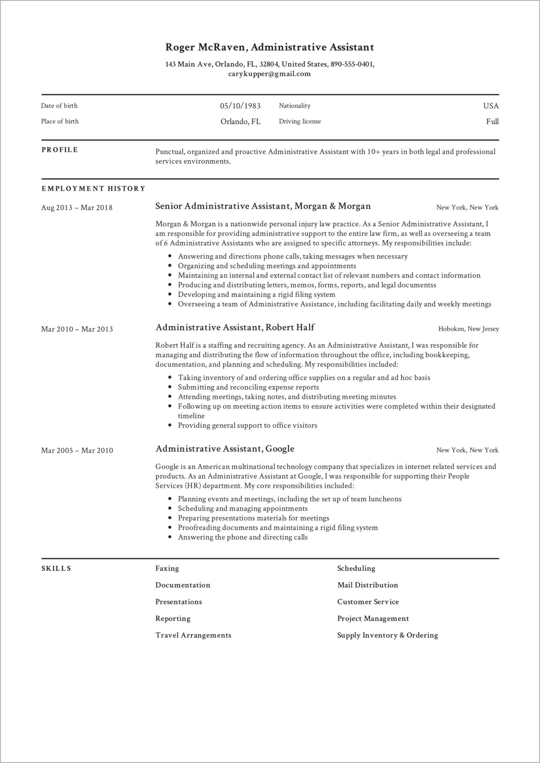 Resume Format For Administration Job In India