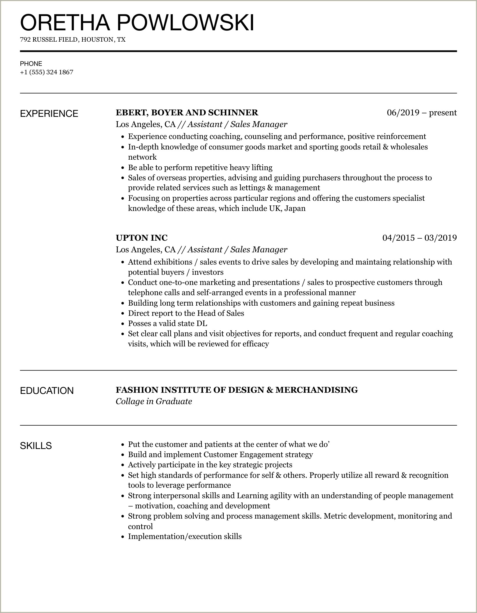 Resume Format For Assistant Manager Sales