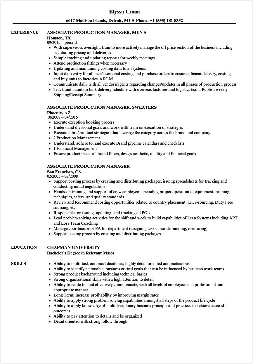 Resume Format For Assistant Production Manager