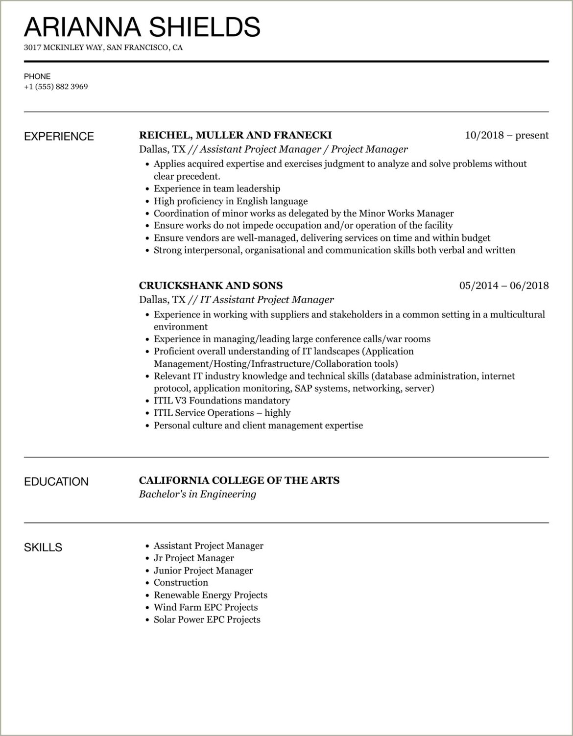 Resume Format For Assistant Project Manager