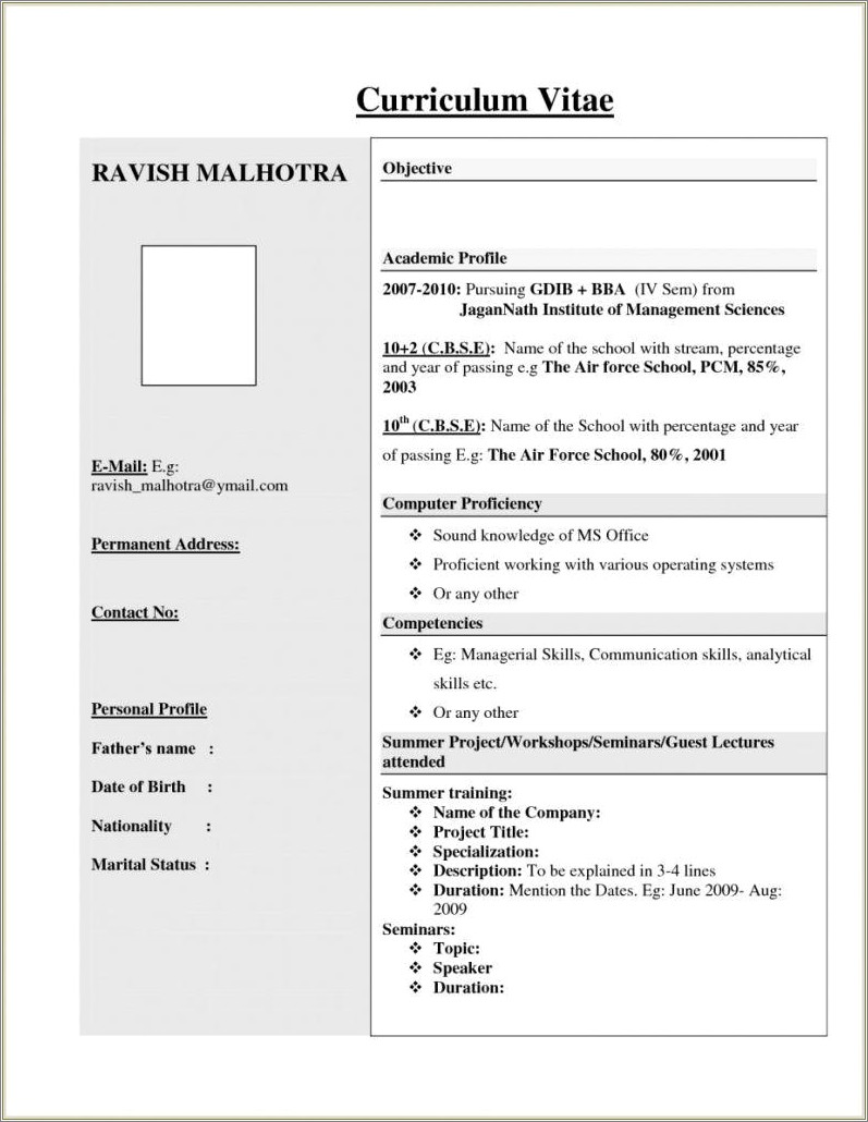 Resume Format For Bba Freshers Free Download