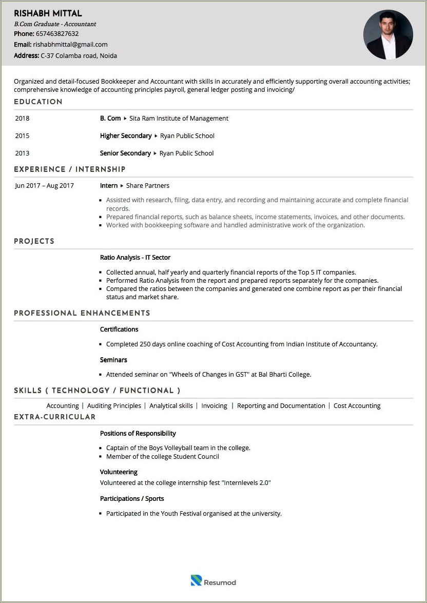 Resume Format For Bcom Students With Experience
