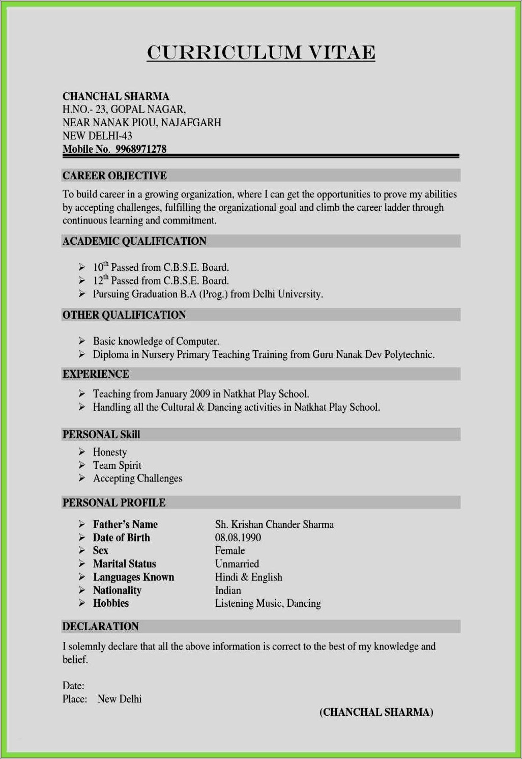 Resume Format For Bcom Students With No Experience