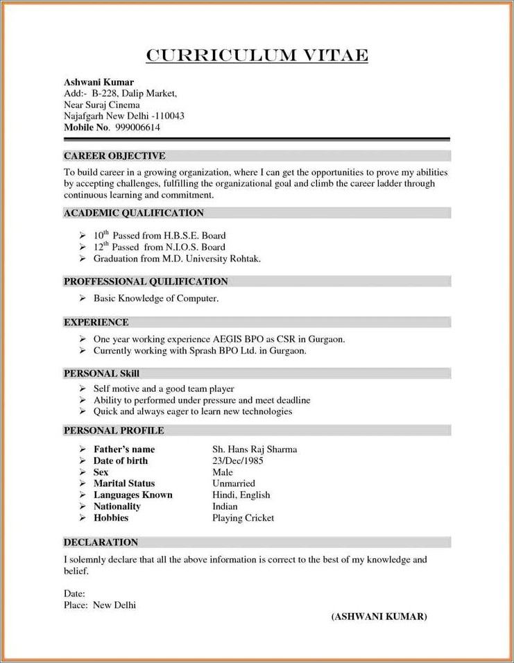 Resume Format For Bpo Experience Word