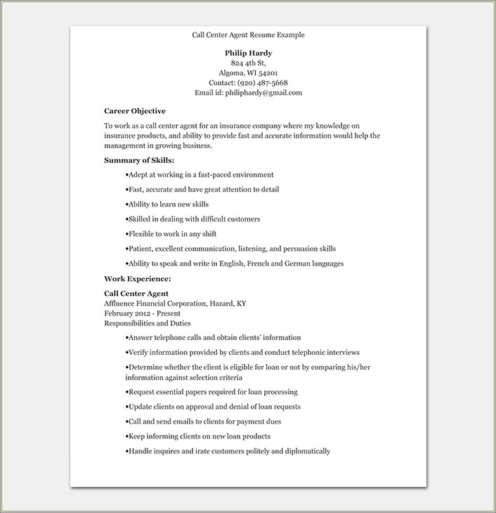 Resume Format For Bpo Jobs Doc