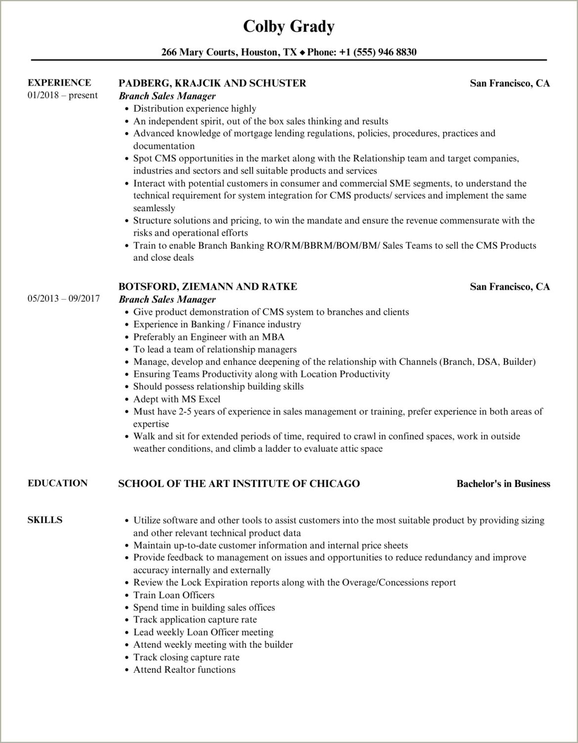 Resume Format For Branch Sales Manager