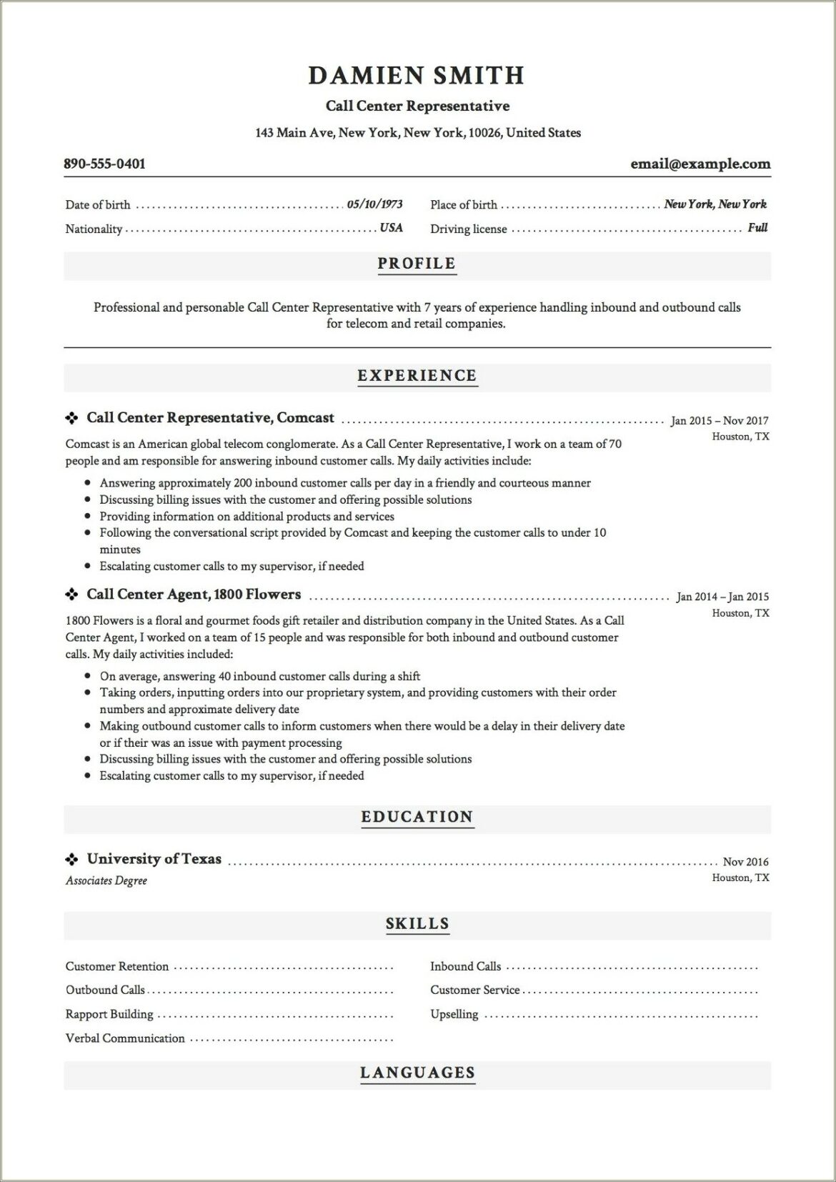 Resume Format For Call Center Job Fresher Pdf