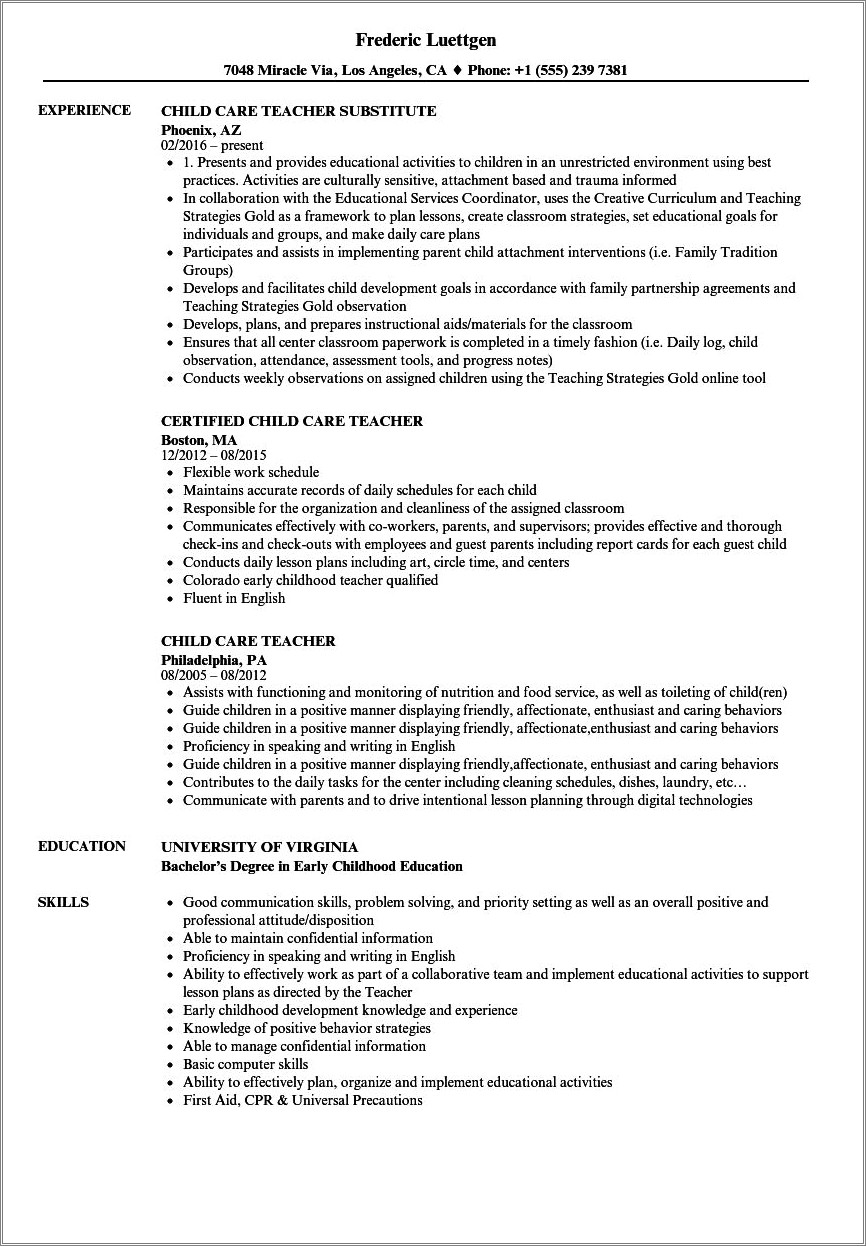 Resume Format For Child Care Worker