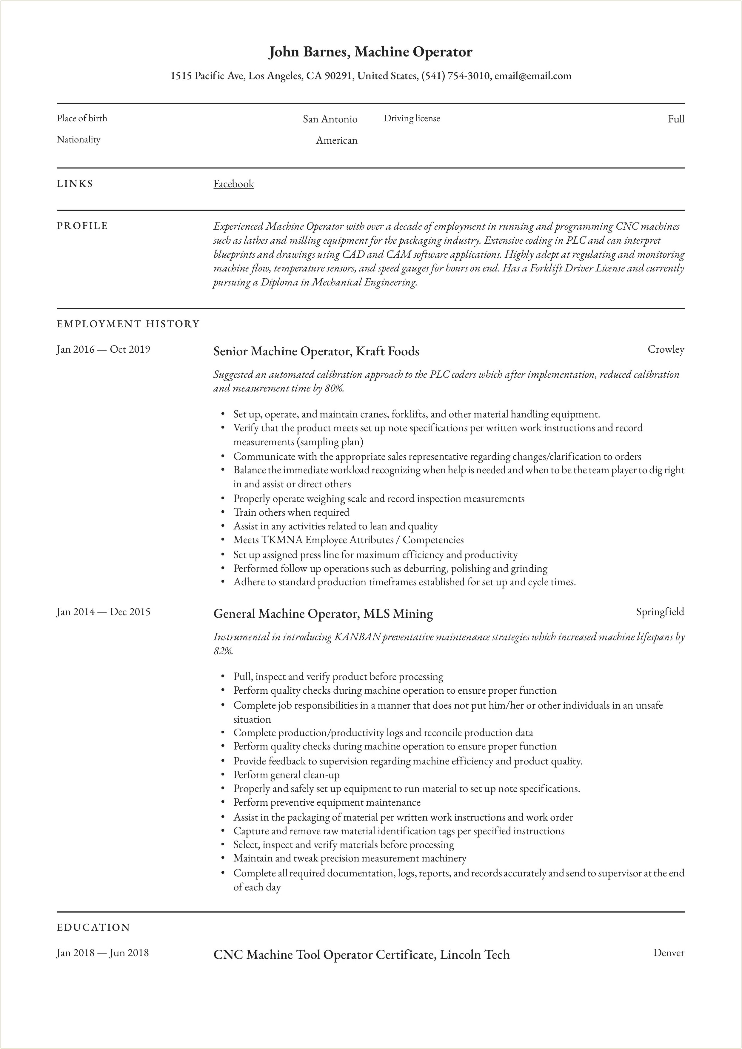 Resume Format For Computer Operator Job