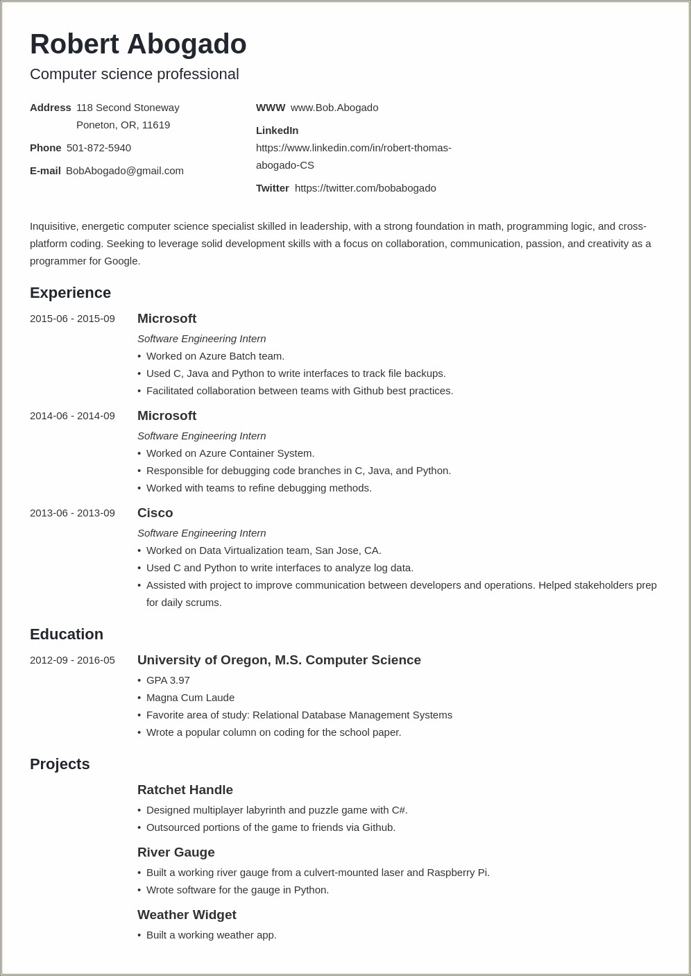 Resume Format For Computer Science Engineering Experience