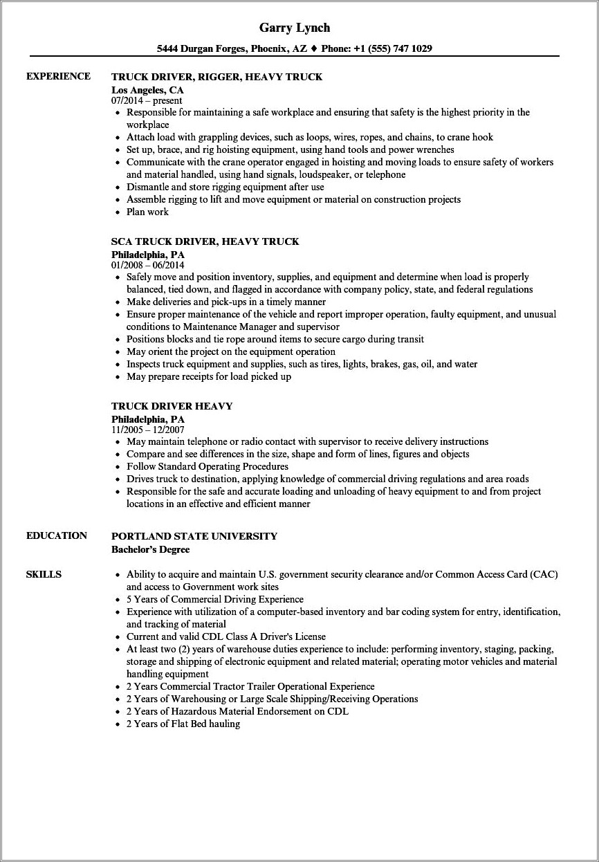Resume Format For Driver Job Pdf