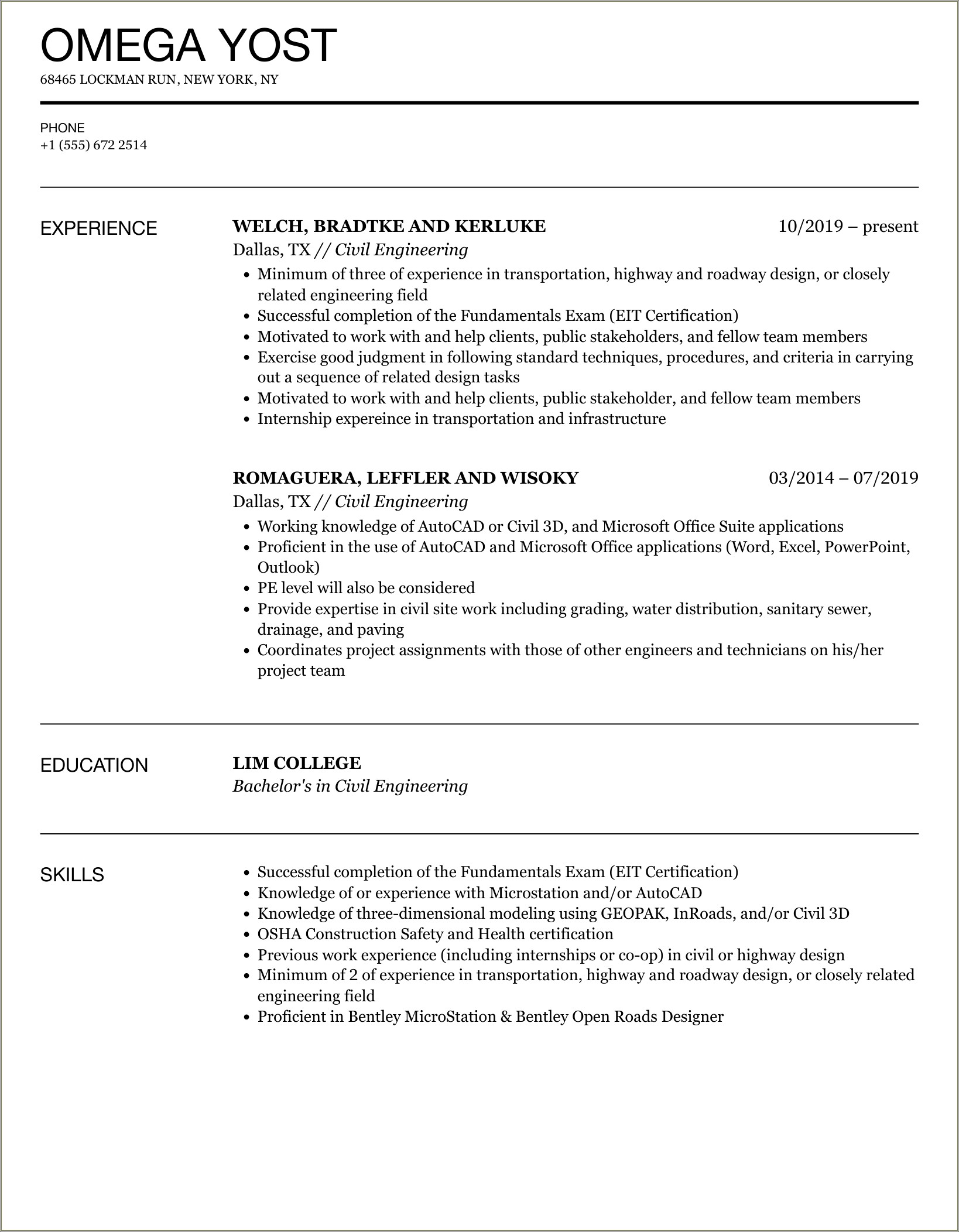 Resume Format For Engineering Students In Word