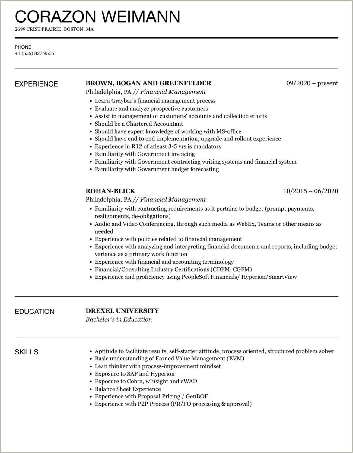 Resume Format For Experience Holder Finance