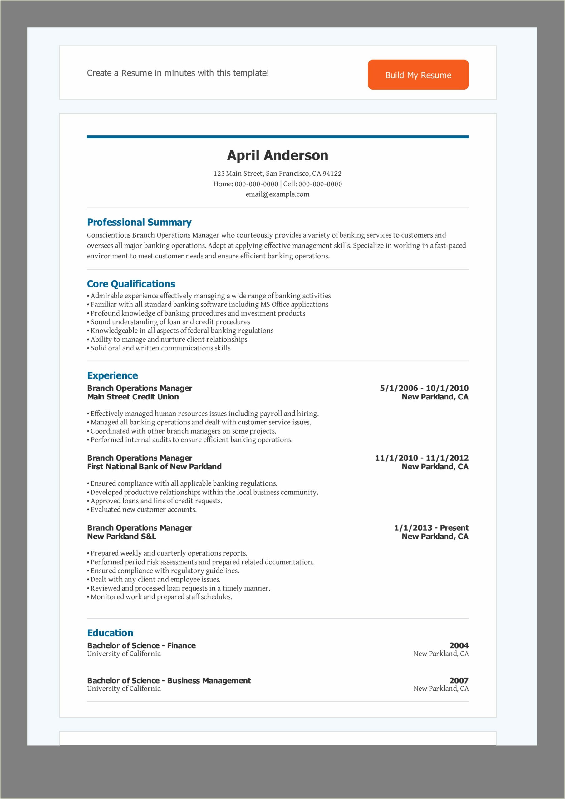 Resume Format For Experienced Bank Managers
