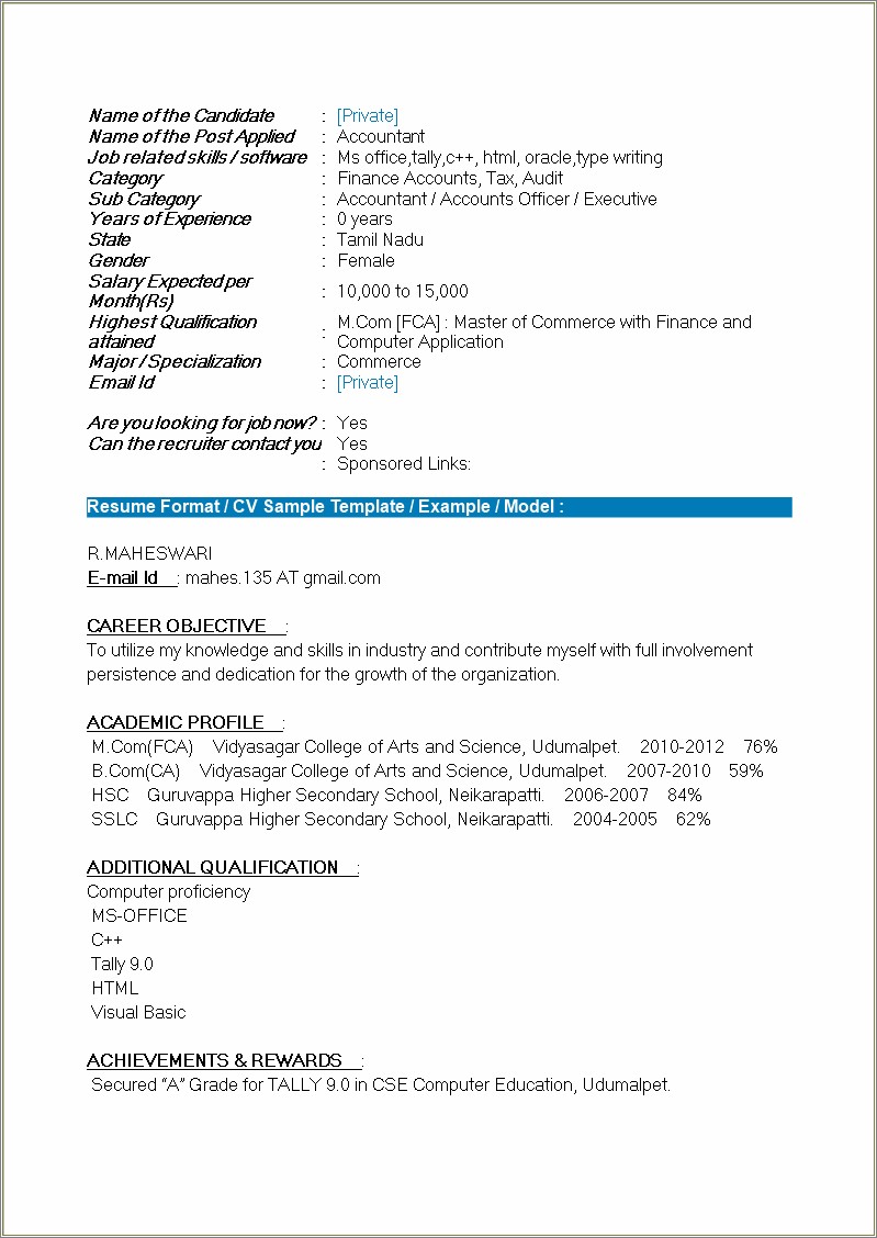 Resume Format For Finance Job For Freshers