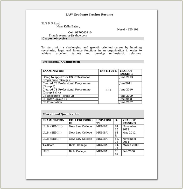 Resume Format For Fresher 12th Pass Word