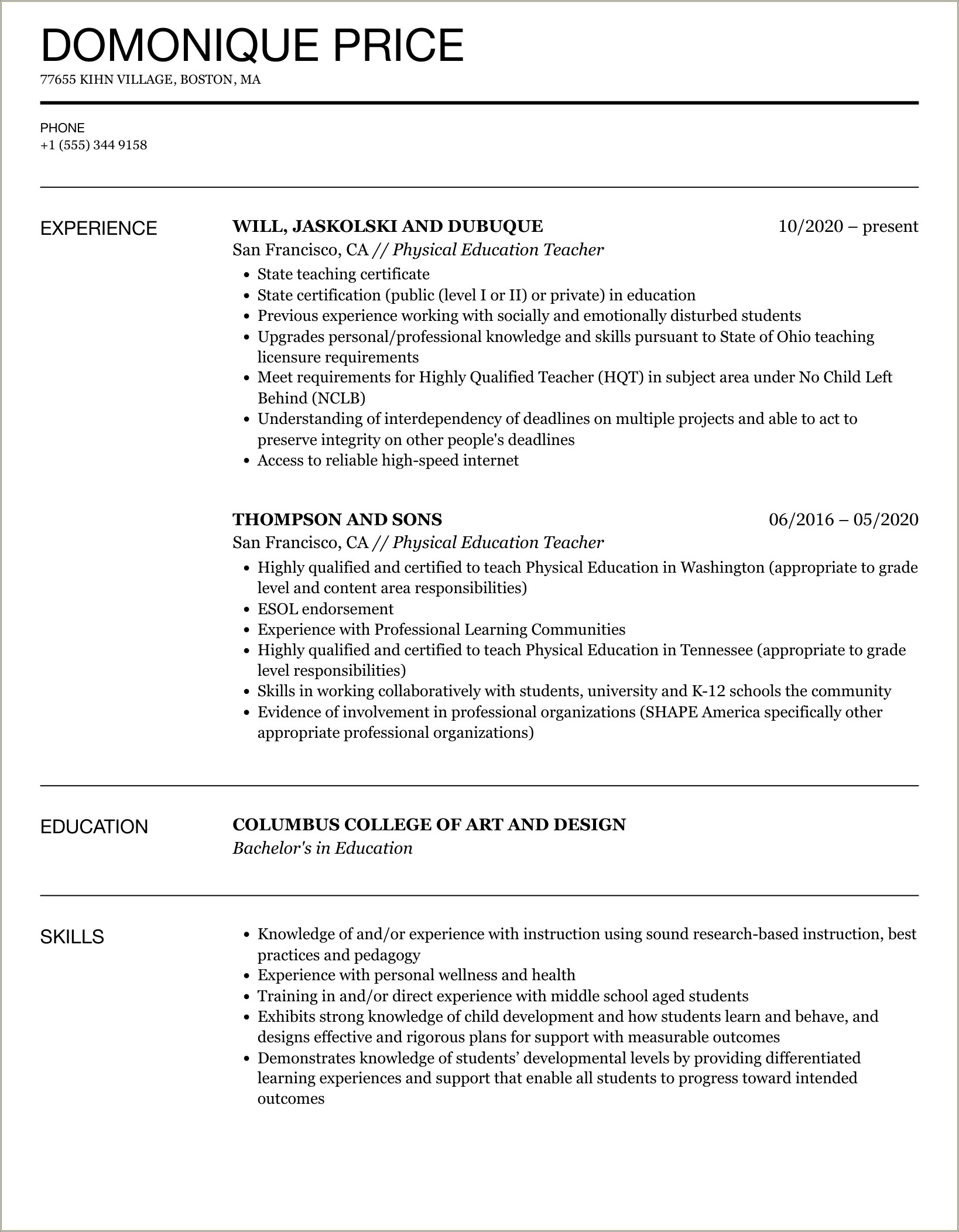 Resume Format For Fresher Teacher Job