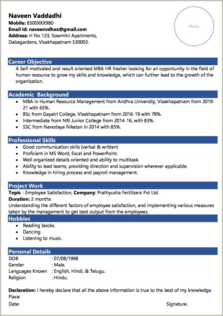 Resume Format For Freshers Free Download For Bms