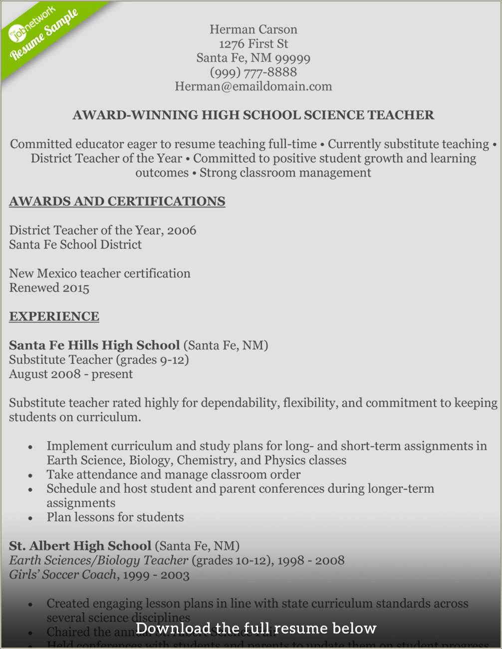 Resume Format For High School Science Teacher