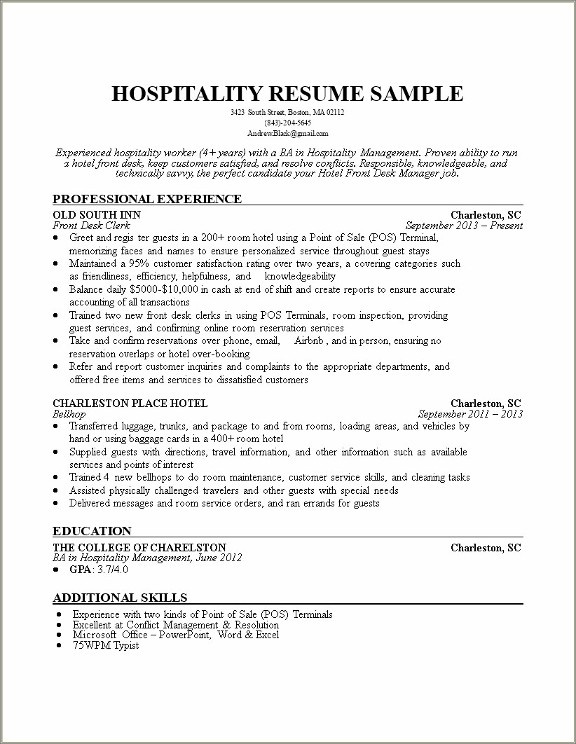 Resume Format For Hotel Jobs Download