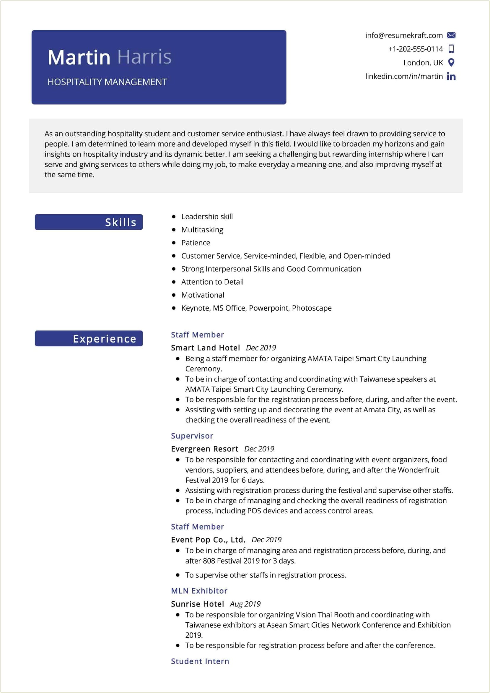 Resume Format For Hotel Management Pdf