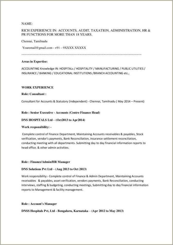 Resume Format For Hr & Admin Manager