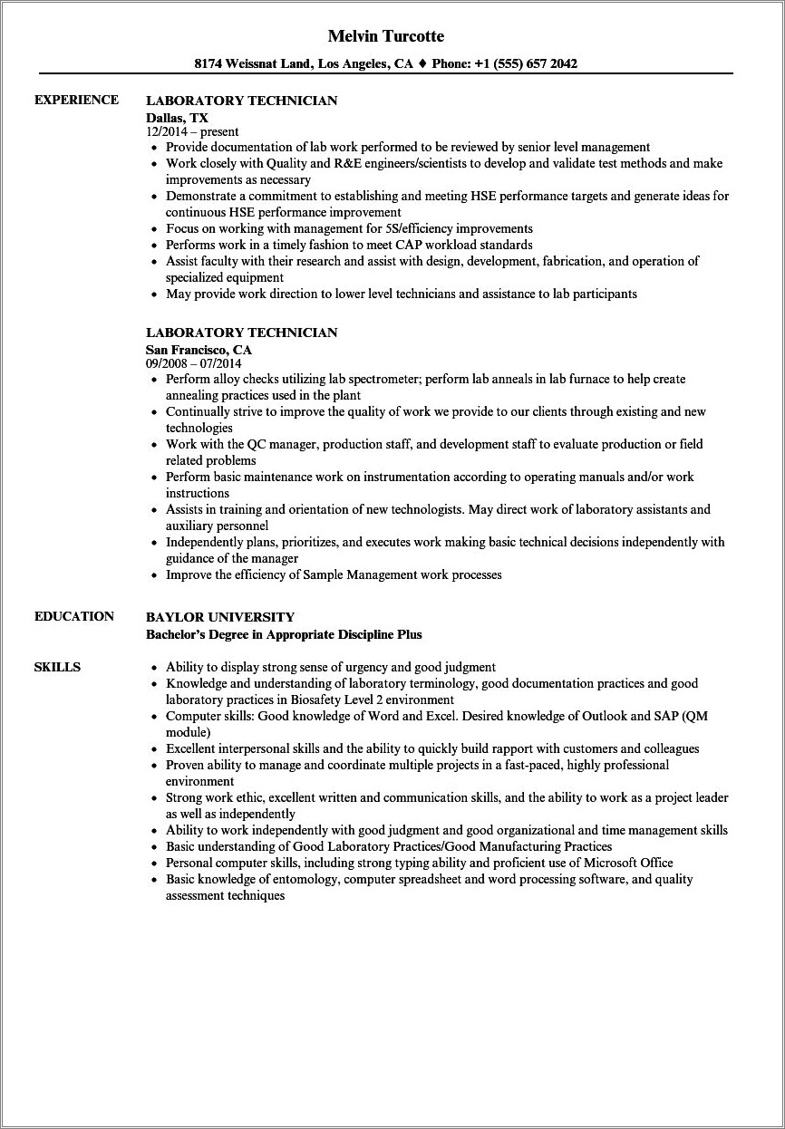 Resume Format For Lab Technician Sample