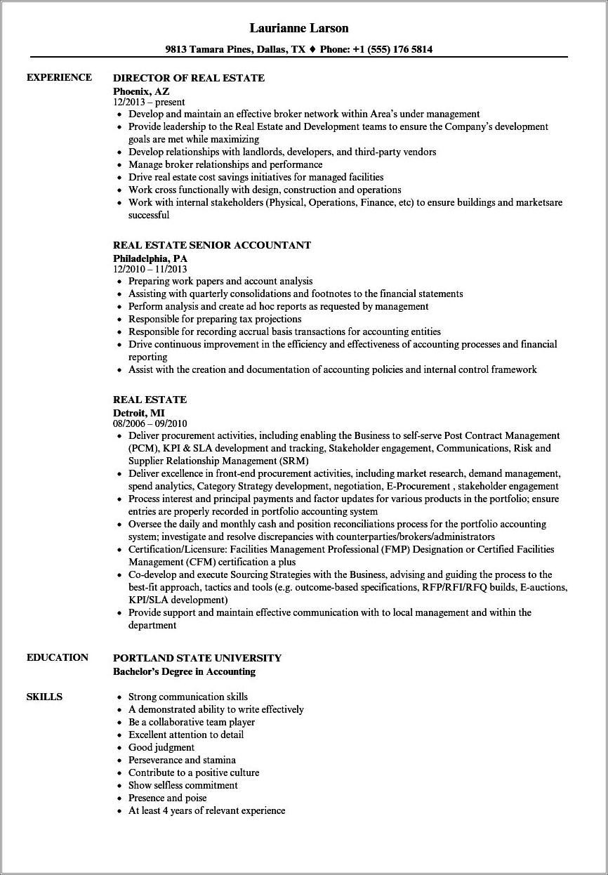 Resume Format For Liaison Manager In Real Estate