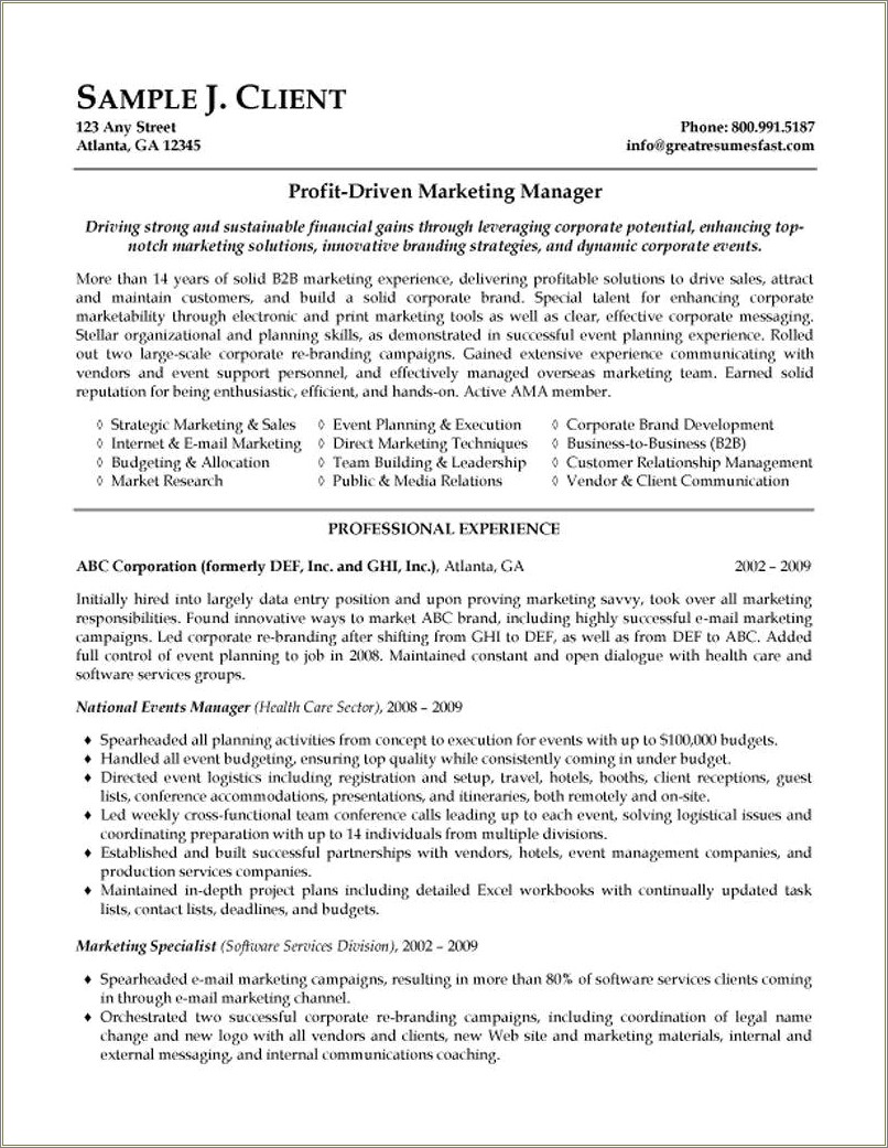 Resume Format For Marketing Manager India