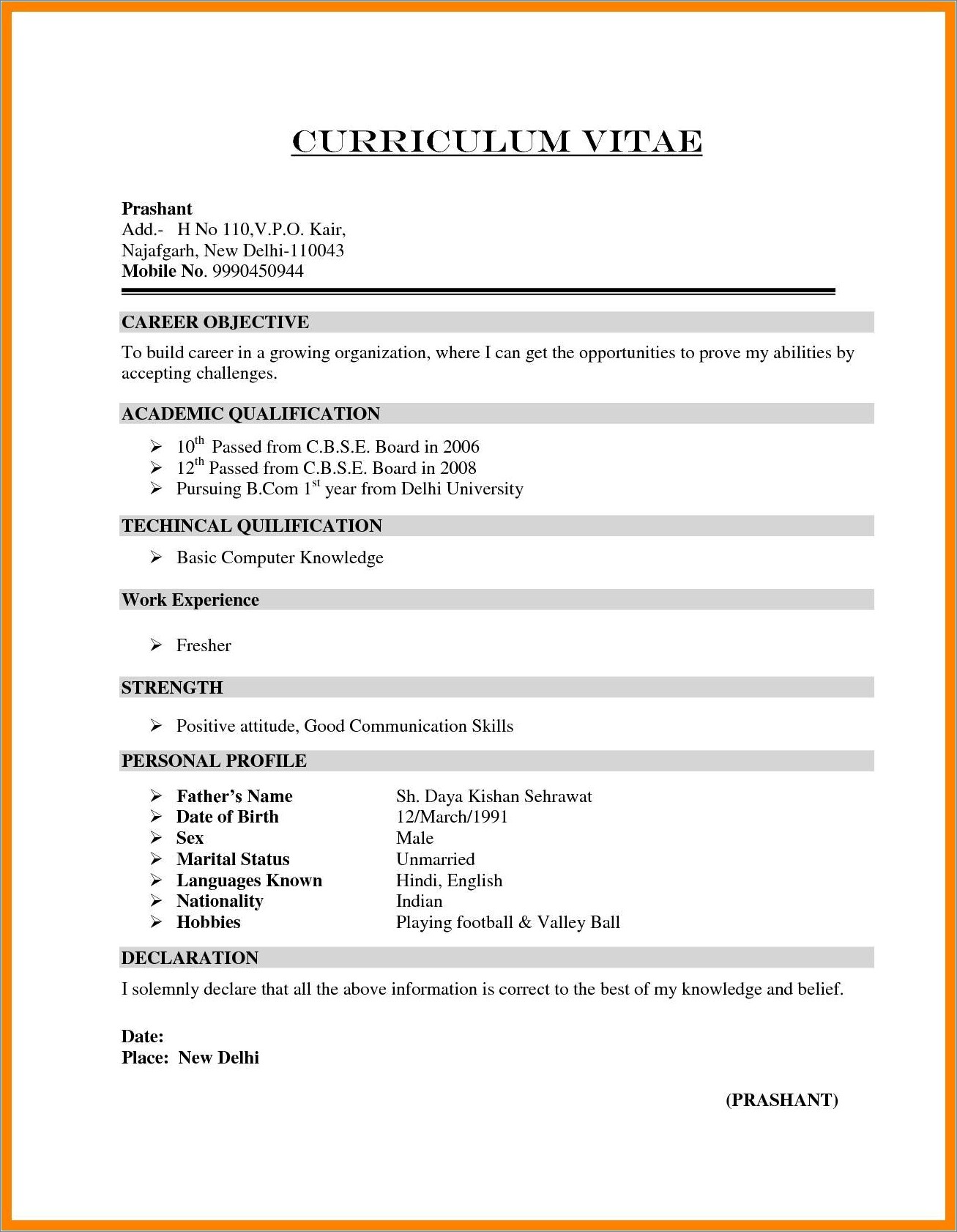 Resume Format For Mba Freshers Pdf Free Download